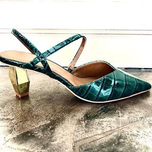 KURT GEIGER Della Slingback Gold Architectural Heel Green Croc Leather 7 NWOB